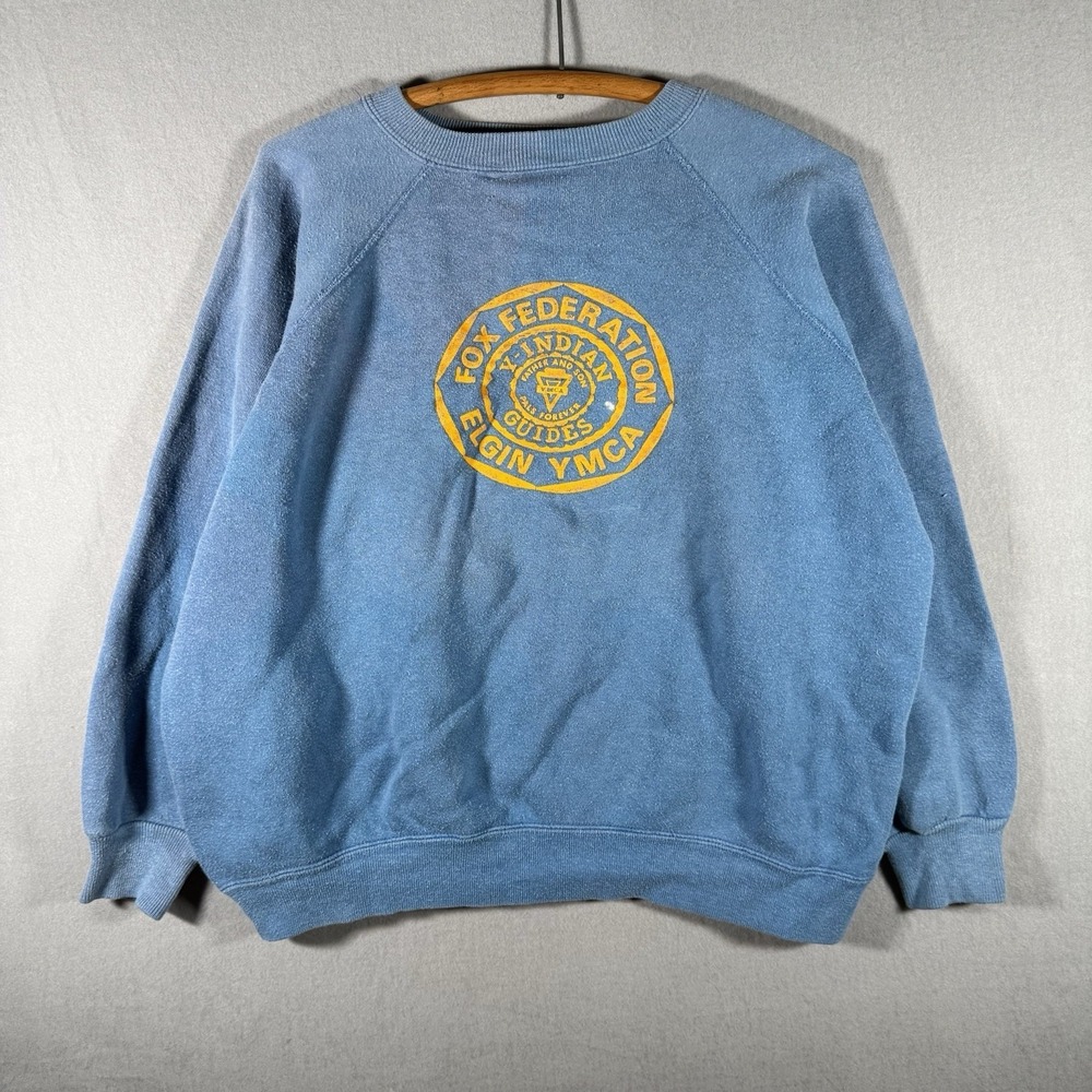 Vintage 60's Champion YMCA Indian Guides Flock Sweatshirt XL Baby Blue 23x25
